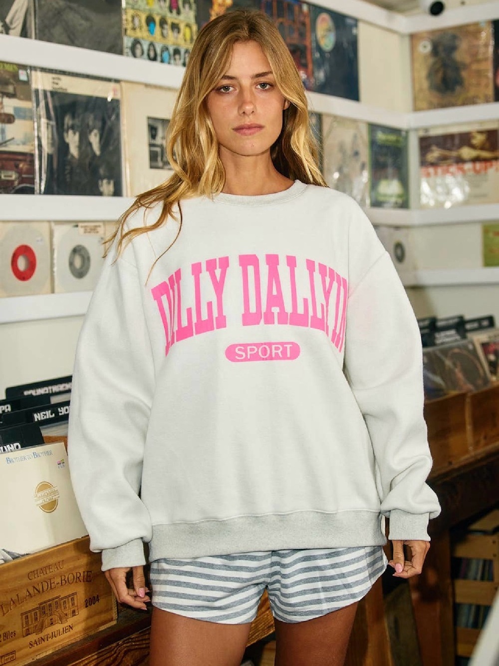BUCKETLIST White Pullover Sweatshirt with Pink Graphic